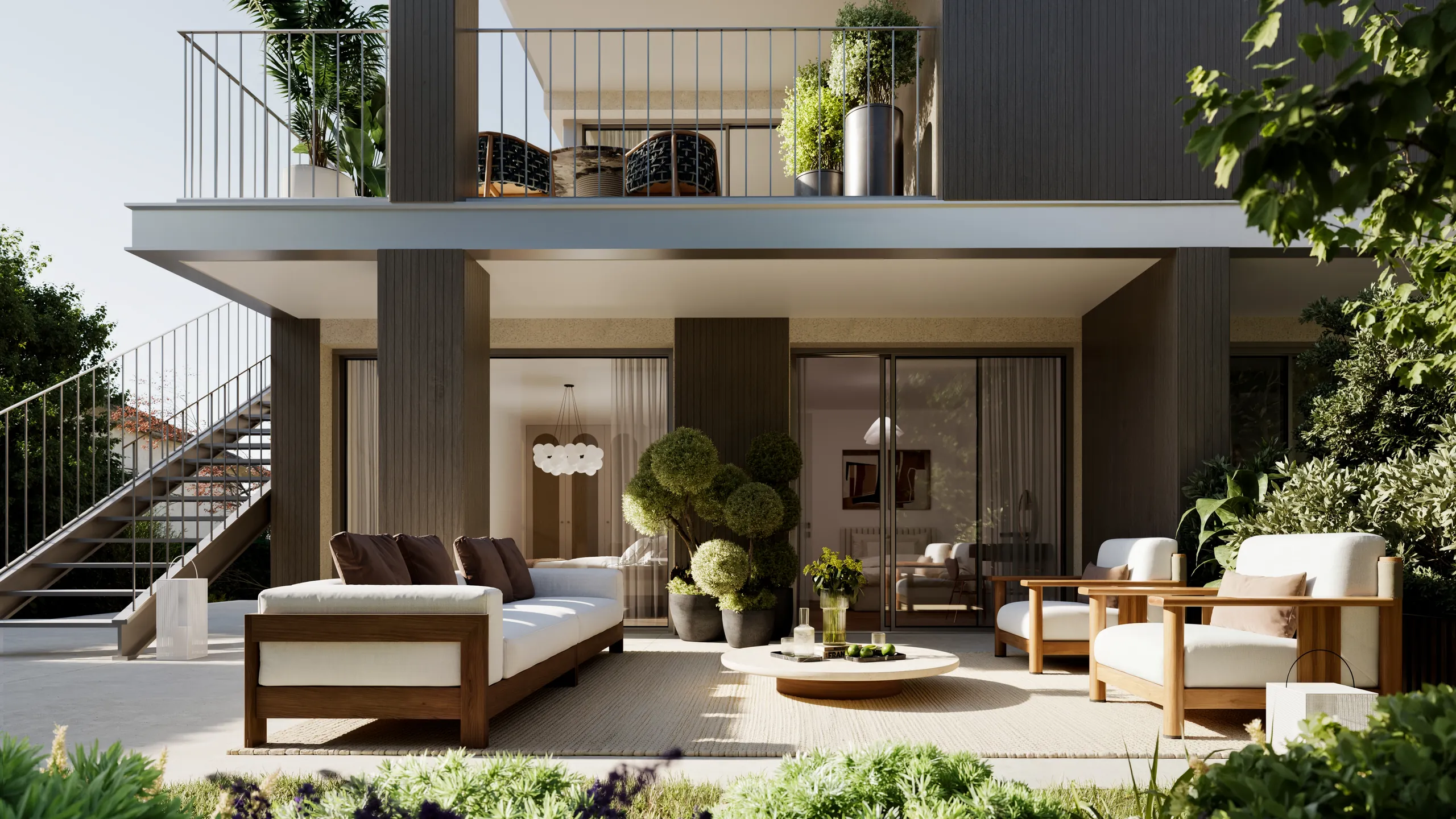 Visualisierung eines gedeckten Gartensitzplatzes mit Lounge-Möbeln vor einer Wohnüberbauung mit Holzfassade und Balkon