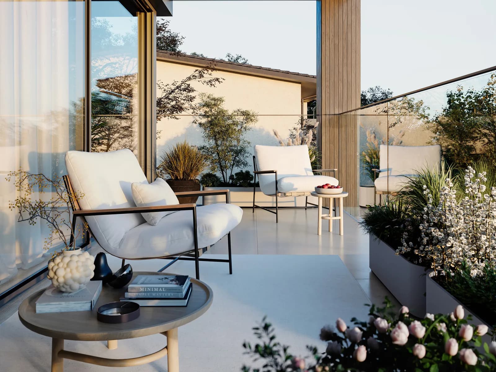 Visualisierung einer gedeckten Loggia mit Sesseln, Glasbrüstung und Pflanztrögen