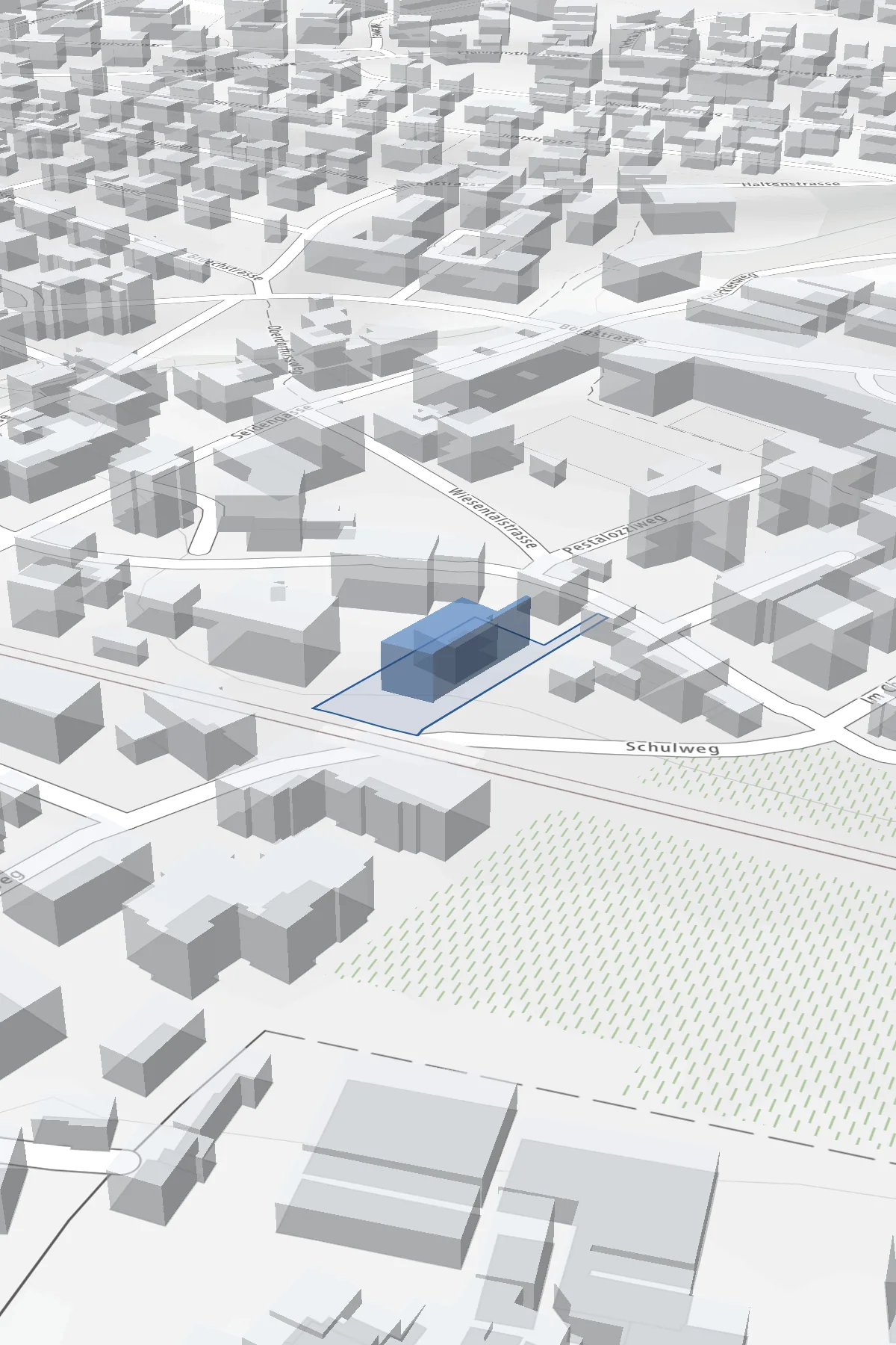 Dreidimensionale Karte der Nachbarschaft an der Alten Landstrasse 74 in Meilen, das zulässige Volumen der Parzelle in Blau hervorgehoben